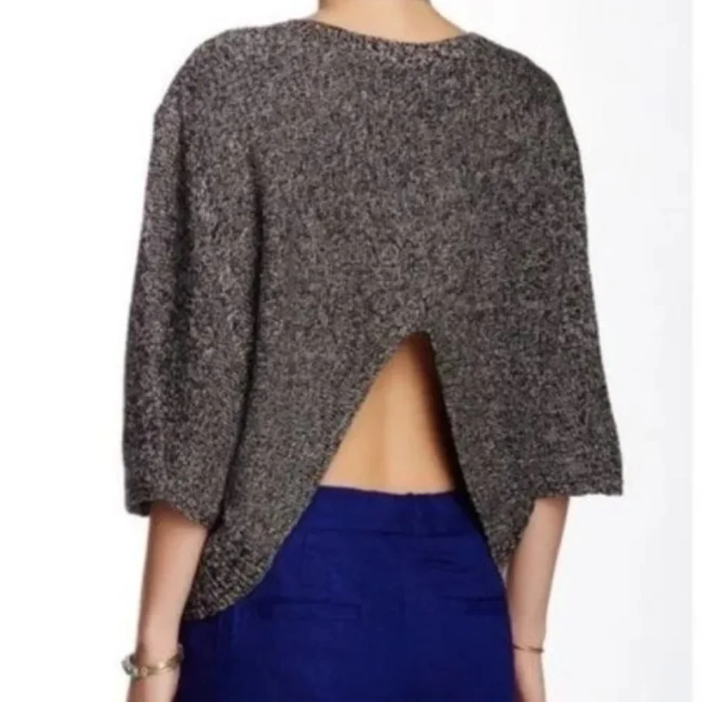 FREE PEOPLE Rising Sun Knit Black Combo Split Back Crop Pullover Sweater Top⚫️⚪️